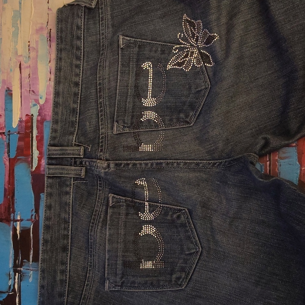 bebe Rhinestone Spell Out Butterfly Bootcut Blue Jeans Size 31 USA